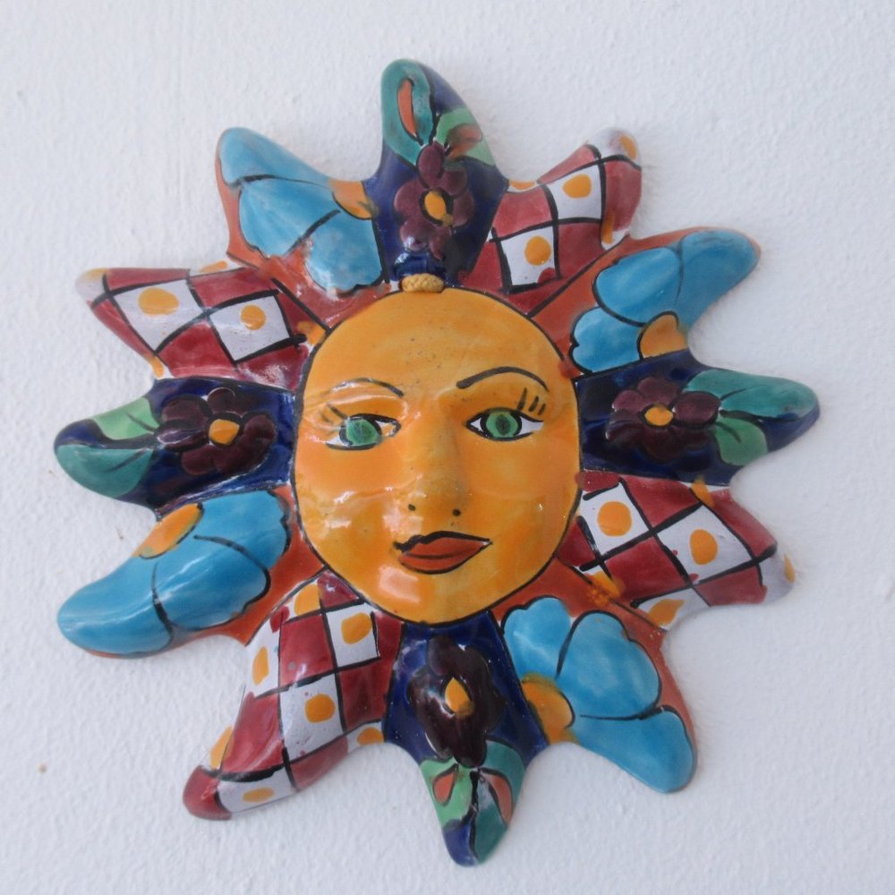 Talavera Sun Face Mexican Pottery Colorful Sculpture Wall Hanging Folk Art 7"